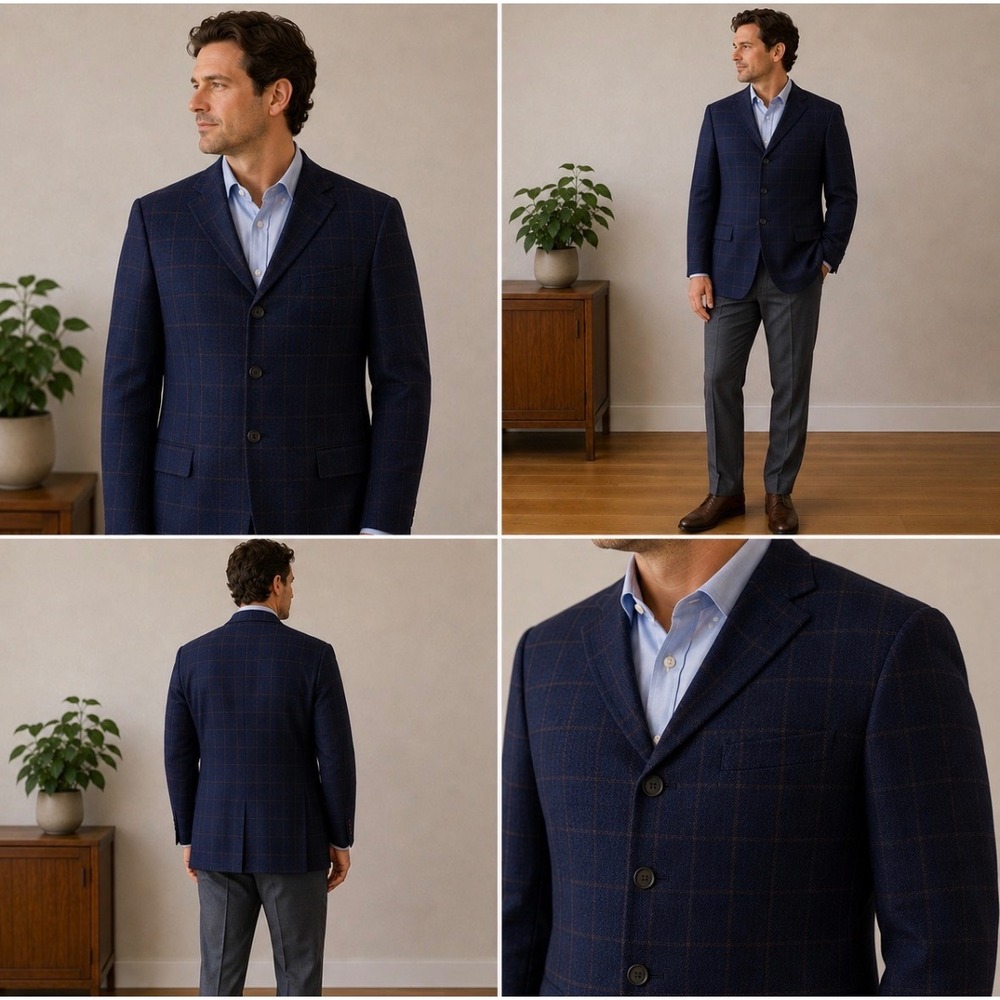 Stafford Mens Navy Windowpane Sport Coat Classic Fit Wool Blend Blazer 46R NEW